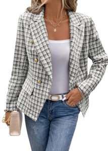 Mina Self Tweed Blazer for Women Plaid 2024 Fall Fashion Lightweight Slim Fitted Double-Breasted Work Pocketed Jacket, Black, XX-Large