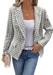 Mina Self Tweed Blazer for Women Plaid 2024 Fall Fashion Lightweight Slim Fitted Double-Breasted Work Pocketed Jacket, Black, XX-Large