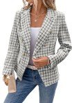 Mina Self Tweed Blazer for Women Plaid 2024 Fall Fashion Lightweight Slim Fitted Double-Breasted Work Pocketed Jacket, Black, XX-Large