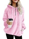 Womens Fuzzy Long Sleeve Drawstring Sherpa Hoodies Pullover Sweaters Warm Soft Fleece Sweatshirt Outwear Pink XX-Large