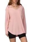 RIROW Womens Hoodie Pullover Long Sleeve Tops 2023 Women V Neck Waffle Knit Hooded Sweatshirt Light Pink XL