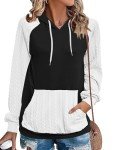 WNEEDU Long Sleeve Shirts Women Pullover Hoodies Loose Sweatshirts Cute Sweater Drawstring Top with Pockets Black White XL