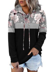 KISSMODA Drawstring Sweatshirt Pullover Floral Pattern Hoodie for Women Peony Black Design Women Tops 2XL