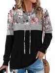 KISSMODA Drawstring Sweatshirt Pullover Floral Pattern Hoodie for Women Peony Black Design Women Tops 2XL