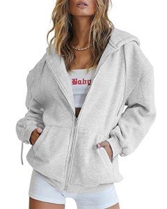 Jhsnjnr Womens Comfy Hoodie Fashion Solid Zip Up Cute Hoodies Oversized Sweatshirt with Pocket Grey