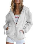 Jhsnjnr Womens Comfy Hoodie Fashion Solid Zip Up Cute Hoodies Oversized Sweatshirt with Pocket Grey