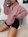 MODARANI Women Casual Hoodie Pullover V Neck Quarter Zip Up Oversize Sweatshirt with Pocket Rose Pink
