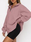 MODARANI Women Casual Hoodie Pullover V Neck Quarter Zip Up Oversize Sweatshirt with Pocket Rose Pink
