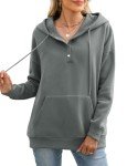 BBO Hoodies for Women Fleece Oversized Sweatshirt Casual Long Sleeve Y2k Hoodie Button V Neck Pullover Hoodie Fall Clothes Tops Grey