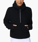 THE GYM PEOPLE Women's Half Zip Hoodies Long Sleeve Fleece Lined Crop Pullover Sweatshirts with Pockets Thumb Hole Black