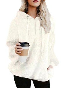 BETTE BOUTIK Womens Sweatshirt Hooded Cozy Warm Fuzzy Fleece Hoodies Sweater Loose Fit Soft Outwear Coat Tops White X-Large