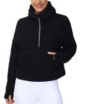 THE GYM PEOPLE Women's Half Zip Hoodies Long Sleeve Fleece Lined Crop Pullover Sweatshirts with Pockets Thumb Hole Black