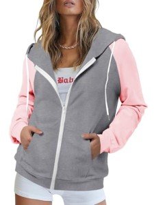 Eniloyal Hoodies for Women Zip Up Long Sleeve Pullover Hooded Zipper Sweatshirts Fall Trendy Clothes with Pocket Grey Pink