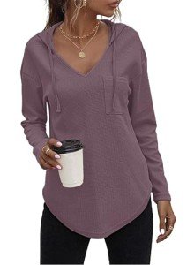 WNEEDU Women Hoodies Ladies Pullover Tops with Hood Drawstring V Neck Sweatshirts Long Sleeve Tunic LS-Mauve XL