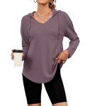WNEEDU Women Hoodies Ladies Pullover Tops with Hood Drawstring V Neck Sweatshirts Long Sleeve Tunic LS-Mauve XL
