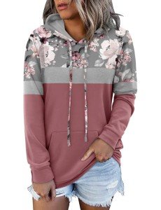 BETTE BOUTIK Womens Pink Casual Hoodies Long Sleeve Winter Drawstring Pullover Hooded Sweatshirts Color Block Blouses Tops with Pocket Large