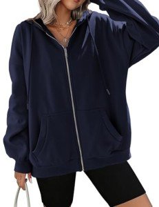 Zeagoo Women's Drawstring Zip Up Cute Hoodies Fall Jacket Oversized Casual Sweatshirts with Pocket Navy