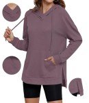 WNEEDU Waffle Hoodies for Women Side Slits Loose Pullover Tops with Pockets Stacked Collar Long Sleeve Shirt Tops 2024 Mauve L