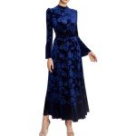 Navy Blue Floral Velvet Long Bell Sleeve Dress