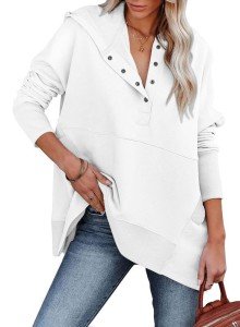 BETTE BOUTIK Womens Button Henley Hoodies Pullover Long Sleeve Oversized Hooded Sweatshirt with Pockets White