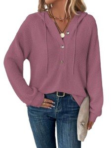 RIROW Womens Tops Long Sleeve Shirt Waffle Henley Hoodies Drawstring Sweatshirt Raglan Sleeve Button Up Fall Winter Sweater 2024 New Dusky Rose M