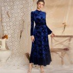 Navy Blue Floral Velvet Long Bell Sleeve Dress