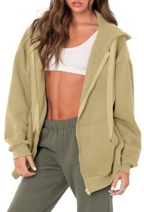 LYHIPSS Womens Oversized Zip Up Hoodies with Pockets Long Sleeve Y2K Sweatshirt Jacket 2024 Khaki