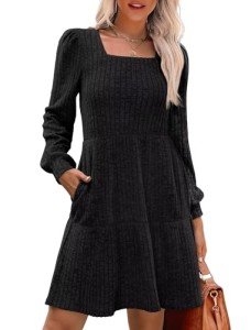 Trendy Black Long Sleeve Babydoll Dress for Women