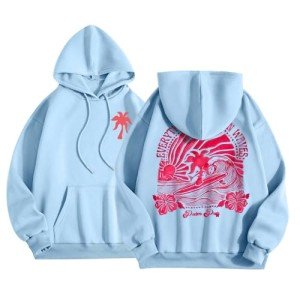 Women's Pink Palm Puff Hoodie - Casual Long Sleeve, Preppy Graphic Sweatshirt with Drawstring, Cute Y2K Style Pullover