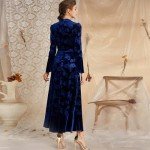 Navy Blue Floral Velvet Long Bell Sleeve Dress