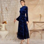 Navy Blue Floral Velvet Long Bell Sleeve Dress