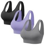 Vinfact 3 Pack Sports Bras for Women Wireless Bra with Removable Pads Yoga Bra Support for Workout A-Black,Grey,Purple L