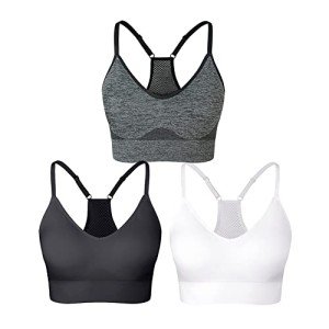 SEGRILA Women’s Sports Bra Padded Racerback Workout Yoga Bras with Adjustable Straps,Black+White+Grey,L