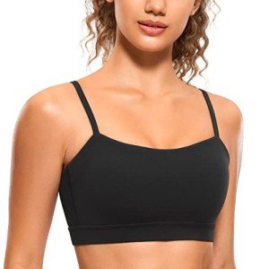 CRZ YOGA Butterluxe Womens Adjustable Spaghetti Thin Strap Sports Bra - Padded Wireless Square Neck Workout Yoga Bra Black Large