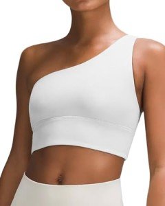 QUEENIEKE One Shoulder Sports Bras for Women One Strap Padded Asymmetrical Bra Light Support Workout Yoga Bra White S