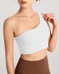 QUEENIEKE One Shoulder Sports Bras for Women One Strap Padded Asymmetrical Bra Light Support Workout Yoga Bra White S
