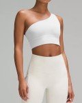 QUEENIEKE One Shoulder Sports Bras for Women One Strap Padded Asymmetrical Bra Light Support Workout Yoga Bra White S