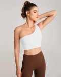QUEENIEKE One Shoulder Sports Bras for Women One Strap Padded Asymmetrical Bra Light Support Workout Yoga Bra White S
