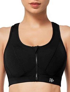 Yvette Zip Front Sports Bra High Impact Sports Bras for Women Plus Size Workout Fitness Bra, Black, L+