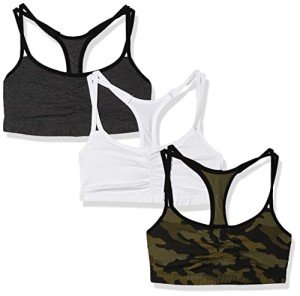 Fruit of the Loom Women's Spaghetti Strap Cotton Pull Over 3 Pack Sports Bra in Fashion Colors, Camo/White/Charcoal with Black, 36