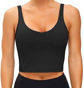 Wjustforu Women Sports Bra Yoga Tank Longline Padded Workout Crop Tank Top Fitness Workout Running Top (Large, Black)