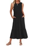WNEEDU Black Sleeveless Maxi Dress with Pockets