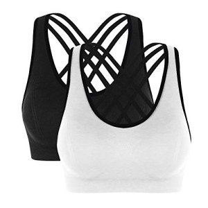 UNDOUBHRA 2 Pack Padded Sports Bra for Women-Seamless Strappy Bras with Criss-Cross Back Yoga Tops for Fitness Workout Running(Black+White)