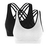 UNDOUBHRA 2 Pack Padded Sports Bra for Women-Seamless Strappy Bras with Criss-Cross Back Yoga Tops for Fitness Workout Running(Black+White)