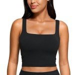 CRZ YOGA Butterluxe Womens Square Neck Longline Sports Bra - Workout Crop Tank Tops Padded with Built in Shelf Yoga Bra Black Large