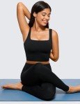 CRZ YOGA Butterluxe Womens Square Neck Longline Sports Bra - Workout Crop Tank Tops Padded with Built in Shelf Yoga Bra Black Large