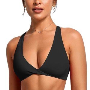 VANTONIA Womens Butterluxe Twist Front Sports Bra Deep V-Neck Crop Top Strappy Cross Back Bra with Nipple Covers-Vivi Bra, Black, Small