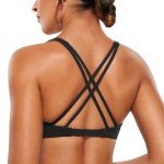 VANTONIA Womens Butterluxe Twist Front Sports Bra Deep V-Neck Crop Top Strappy Cross Back Bra with Nipple Covers-Vivi Bra, Black, Small