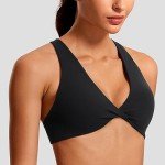 VANTONIA Womens Butterluxe Twist Front Sports Bra Deep V-Neck Crop Top Strappy Cross Back Bra with Nipple Covers-Vivi Bra, Black, Small
