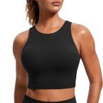 CRZ YOGA Butterluxe Racerback High Neck Longline Sports Bras for Women - Padded Workout Crop Tank Tops with Built in Bra Black Large